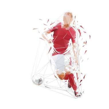 Futbol düşük çokgen çizimi. Top ile koşan futbolcu, izole edilmiş geometrik vektör çizimi. Takım sporcusu