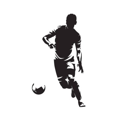 Football. Soccer player running with ball, isolated vector silhouette, ink drawing. Team sport athlete