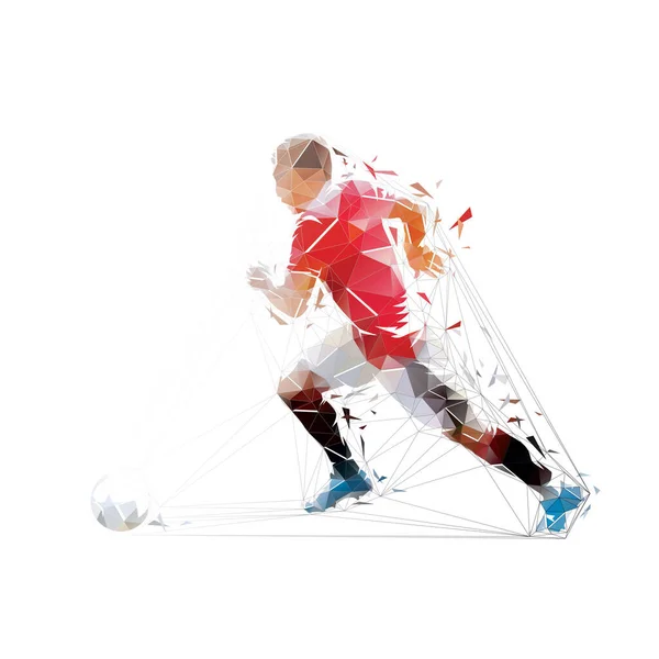Ποδοσφαιριστής Χαμηλή Πολυ Εικόνα Ποδόσφαιρο Επιθετικός Τρέχει Μπάλα Απομονωμένο Γεωμετρικό — Διανυσματικό Αρχείο