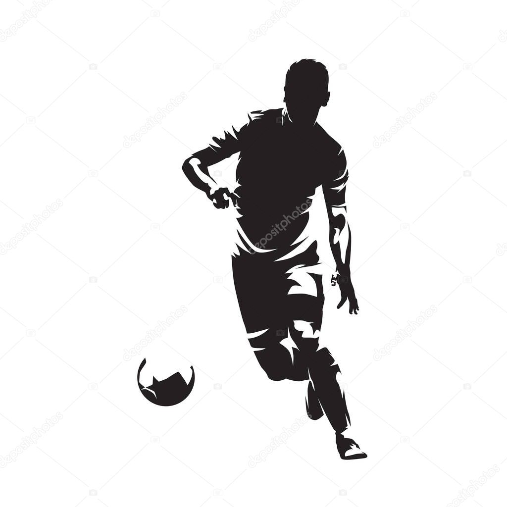 Football. Soccer player running with ball, isolated vector silhouette, ink drawing. Team sport athlete