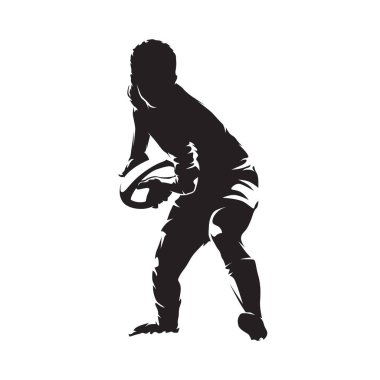 Rugby oyuncusu topu atıyor, izole vektör silueti. Rugby logosu