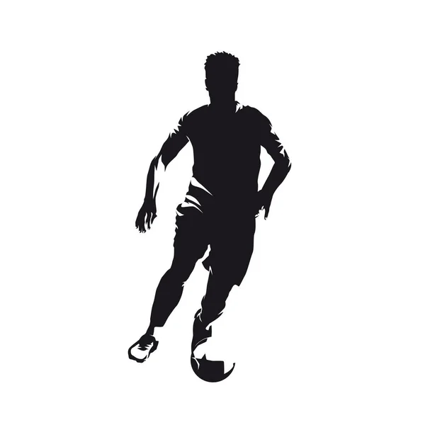 Soccer Player Running Ball Isolated Vector Silhouette Footballer Front View — Stock Vector