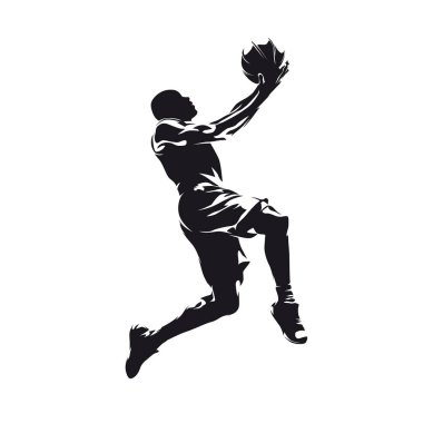 Basketbolcu skor yapıyor, yalıtılmış vektör silueti, yan görüş. Basketbol logosu