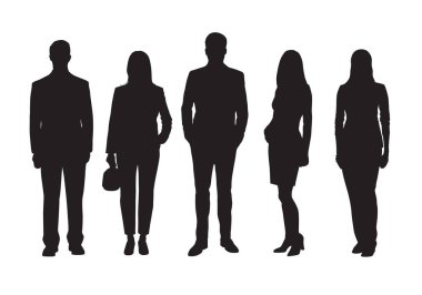 Bir grup iş adamı, kadın ve erkek, izole vektör siluetleri. Ayakta duran iş adamları ve iş kadınları