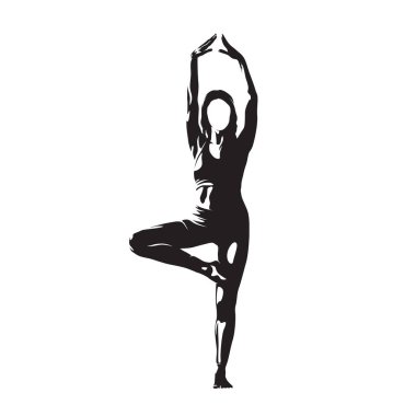 Yoga yapan genç bir kadın, izole edilmiş vektör silueti, mürekkep çizimi.