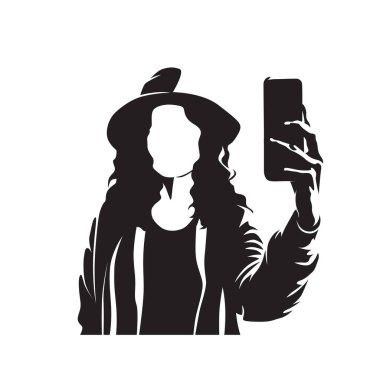 Genç bir kadın cep telefonuyla selfie çekiyor. İzole vektör silueti