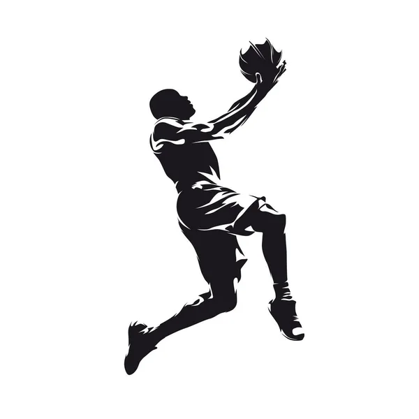 Jugador Baloncesto Anotando Silueta Vectorial Aislada Vista Lateral Logo Baloncesto — Archivo Imágenes Vectoriales
