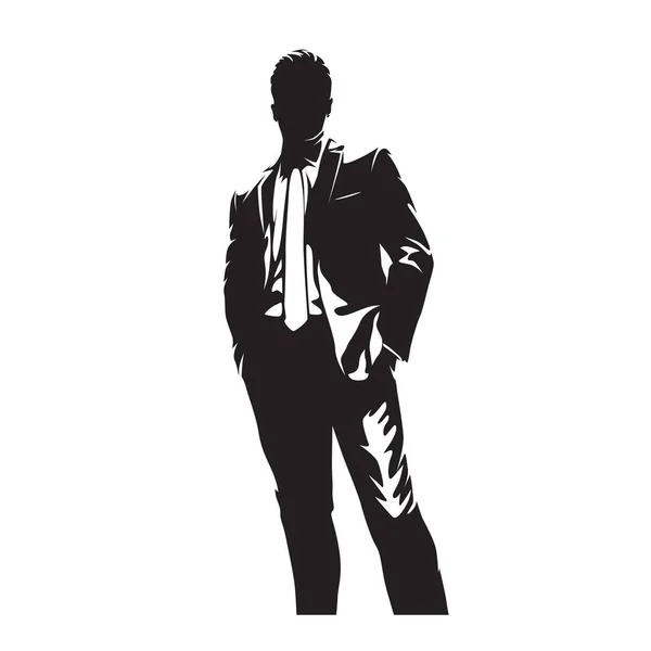Successful Business Man Stands Dressed Suit His Hands His Pockets — Stock Vector