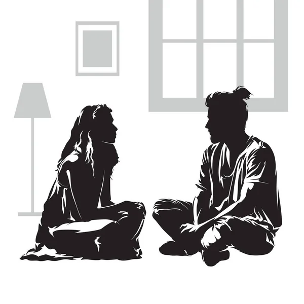 若い夫婦と男と女が 部屋を横切って未来のことを考えながら話している 二人の通信 絶縁ベクトルシルエット インクドローイング — ストックベクタ