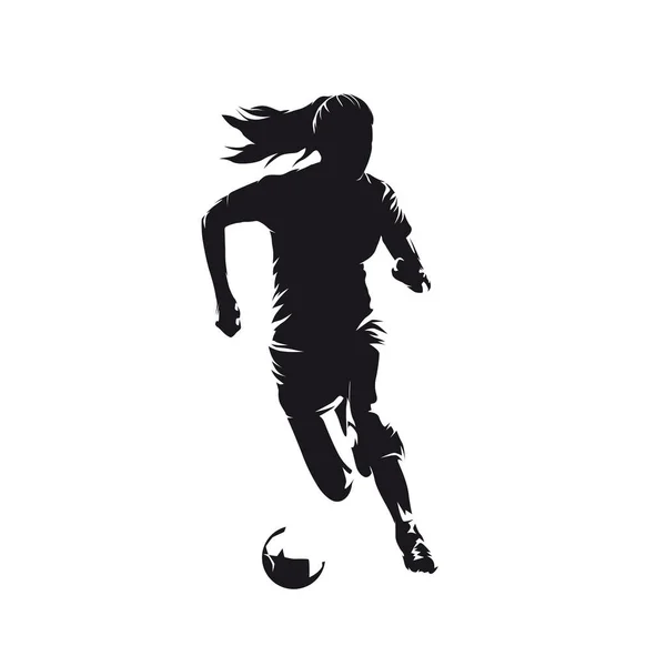 Kvinna Fotbollsspelare Kvinna Spelar Fotboll Framifrån Isolerad Vektor Silhuett Bläck — Stock vektor