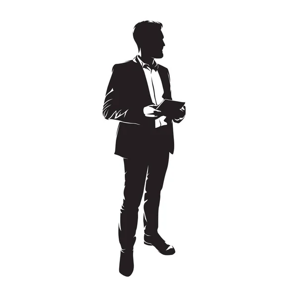 スーツ姿のビジネスマンが立って書類を持ってる隔離されたベクトルシルエット — ストックベクタ