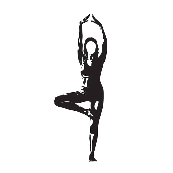 Junge Frau Praktiziert Yoga Isolierte Vektorsilhouette Tuschezeichnung — Stockvektor