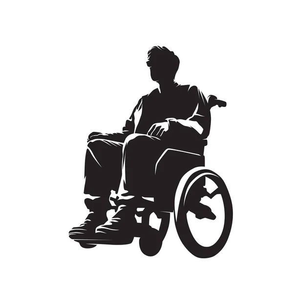 Der Behinderte Junge Mann Sitzt Rollstuhl Isolierte Vektorsilhouette — Stockvektor