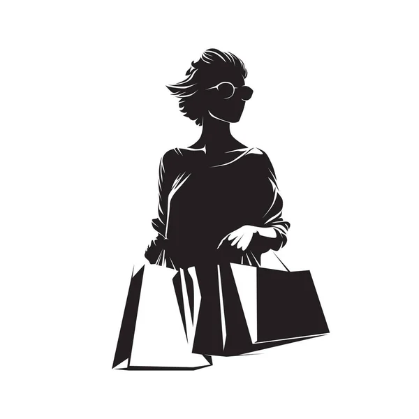 Shopper Mode Kvinna Shopping Och Hålla Shoppingkassar Isolerade Vektor Silhuett — Stock vektor