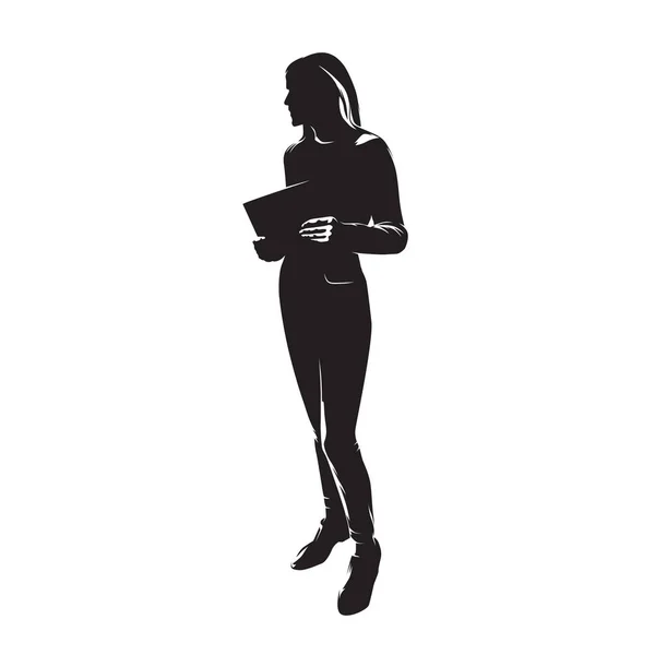 Mujer Negocios Pie Sosteniendo Tableta Documento Silueta Vectorial Aislada — Vector de stock