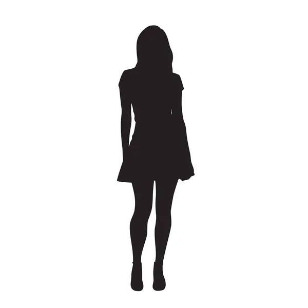 Slim Femme Sexy Debout Robe Été Vue Face Silhouette Vectorielle — Image vectorielle