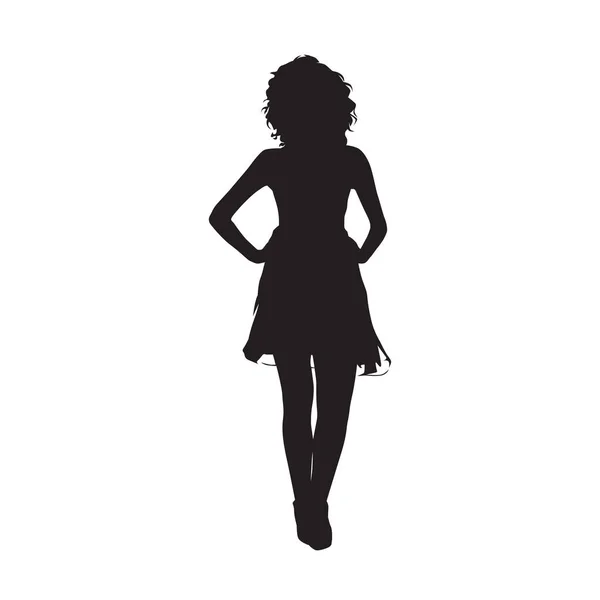 性感苗条的女人站着 穿着短裙 孤立的矢量轮廓 前景色 — 图库矢量图片