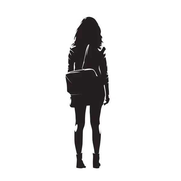 Woman Traveller Stands Backpack Her Back Rear View Isolated Vector — Stock Vector
