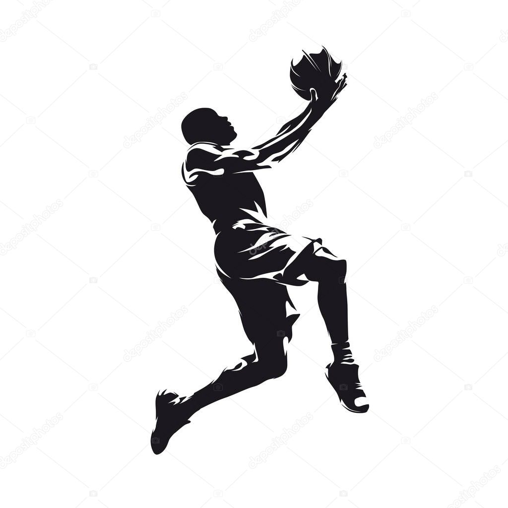 Basketball player scoring, isolated vector silhouette, side view. Basketball logo