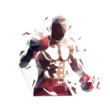 Boks, dövüş sporu dövüşçüsü, üçgenlerden izole edilmiş düşük çokgen vektör çizimi