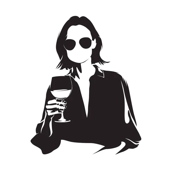 戴着太阳镜的女人 手里拿着一杯葡萄酒 孤立的病媒轮廓 — 图库矢量图片