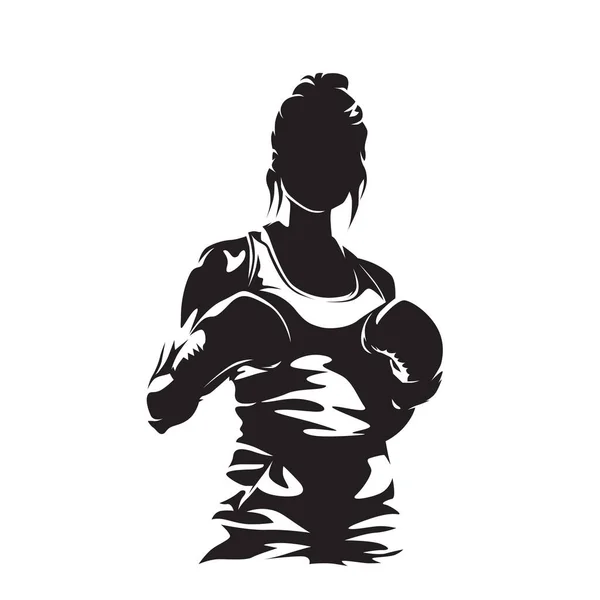 Boxing Female Boxer Isolated Vector Silhouette Ink Drawing Front View — Stock Vector