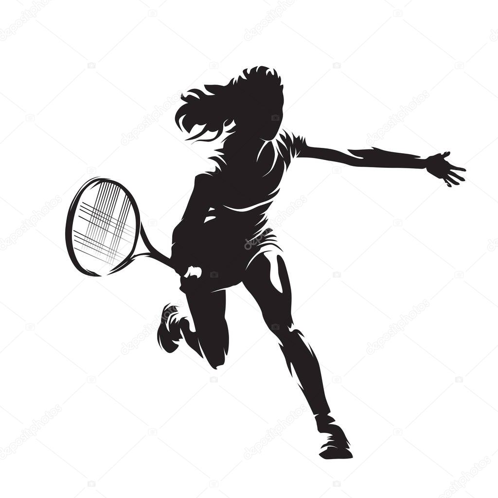 Female tennis player, woman playing tennis, isolated vector silhouette