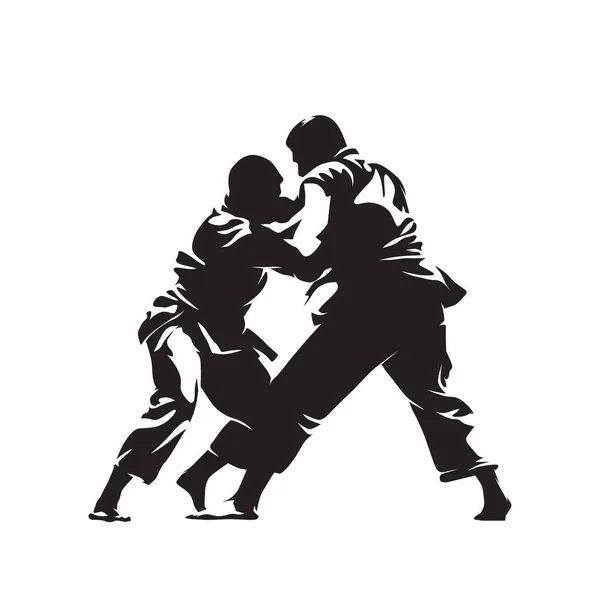 Judo Zwei Männliche Kämpfer Isolierte Vektorsilhouette Tuschezeichnung — Stockvektor