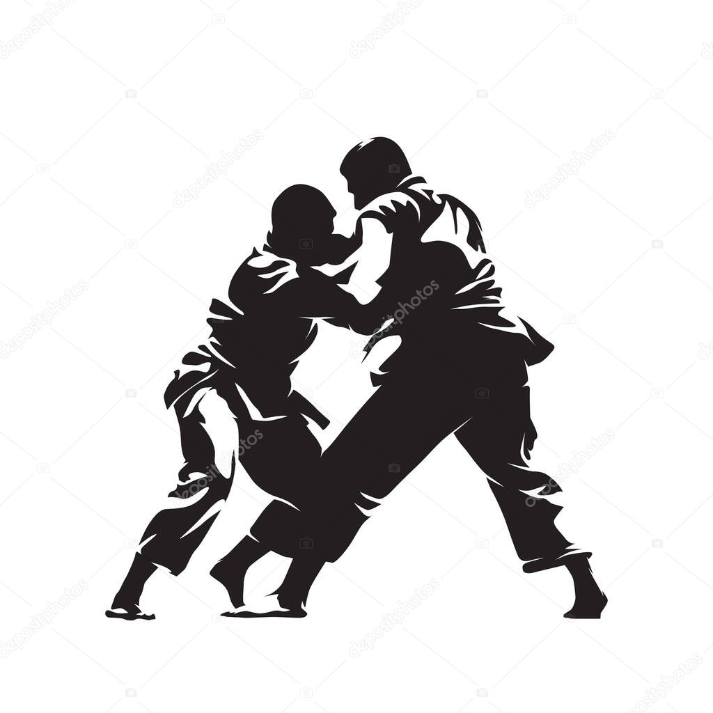 Judo, two male fighters, isolated vector silhouette, ink drawing