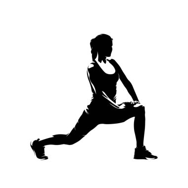 Kadın koşmadan önce esniyor, esniyor. İzole vektör silueti, kenar görünüm