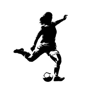 Female soccer player kicking ball, soccer, isolated vector silhouette clipart