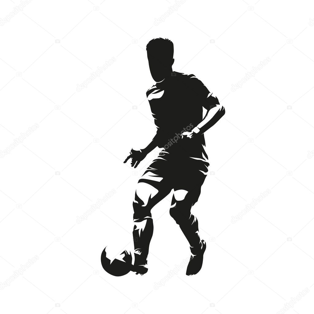 Soccer player kicking ball, football, isolated vector silhouette