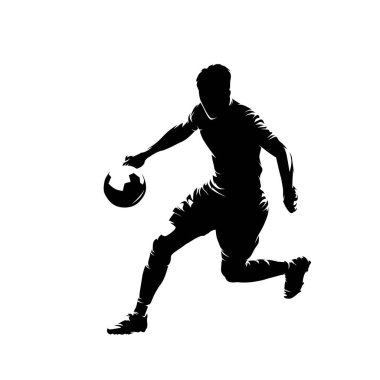 Soccer player kicking ball, football, isolated vector silhouette clipart