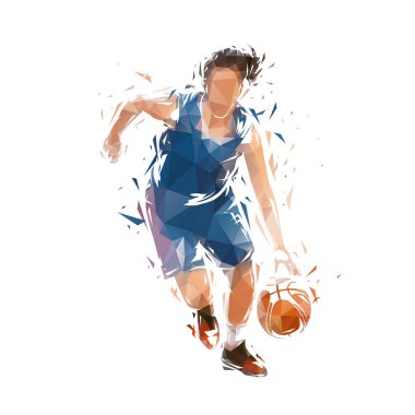 Kadın basketbolu, izole edilmiş düşük poli vektör çizimi. Kadın takım sporcusu, ön manzara.