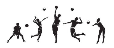 Voleybol oyuncuları, voleybol oynayan kadın ve erkekler, izole edilmiş vektör siluetleri.