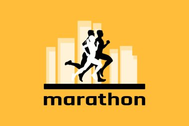Şehir maratonu logosu, insanlar şehirde koşuyor.
