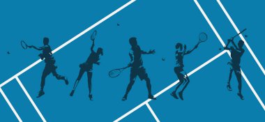 Tenis, tenis oynayan bir grup erkek ve kadın, izole vektör siluetleri.