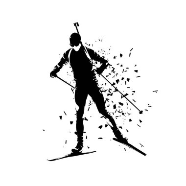 Biathlon race, man skiing, isolated vector silhouette, front view clipart