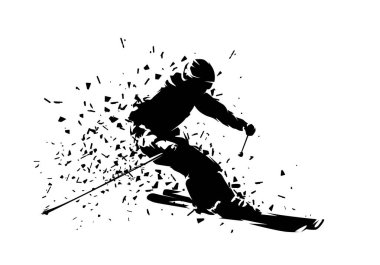 Aşağı kayakçı, kayakçı, soyut izole vektör silueti, mürekkep çizimi