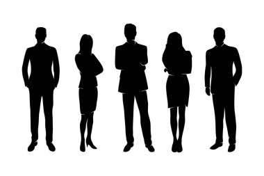 İş adamları, bir grup iş adamı ve kadın, izole vektör siluetleri.