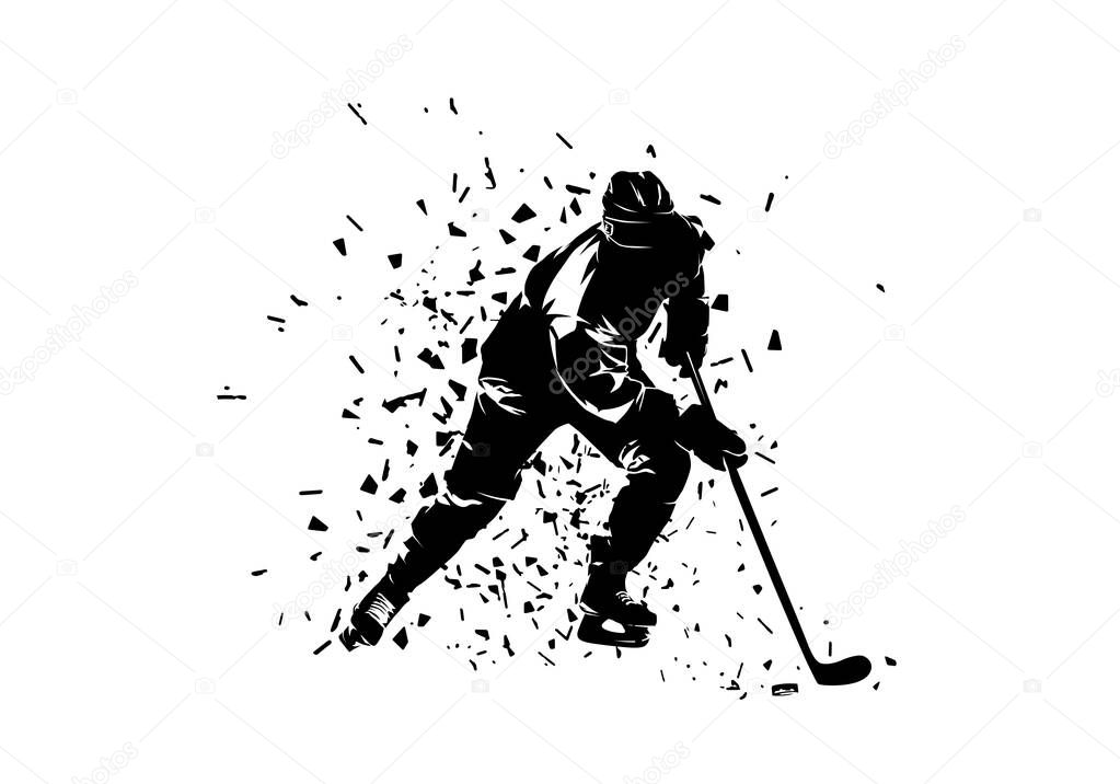 Ice hockey, hockey player shooting puck, isolated vector silhouette with distortion effect