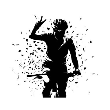 Dağ bisikletçisinin el sallaması, zafer. Bisiklete binen kadın. Döngüleme, izole vektör silueti