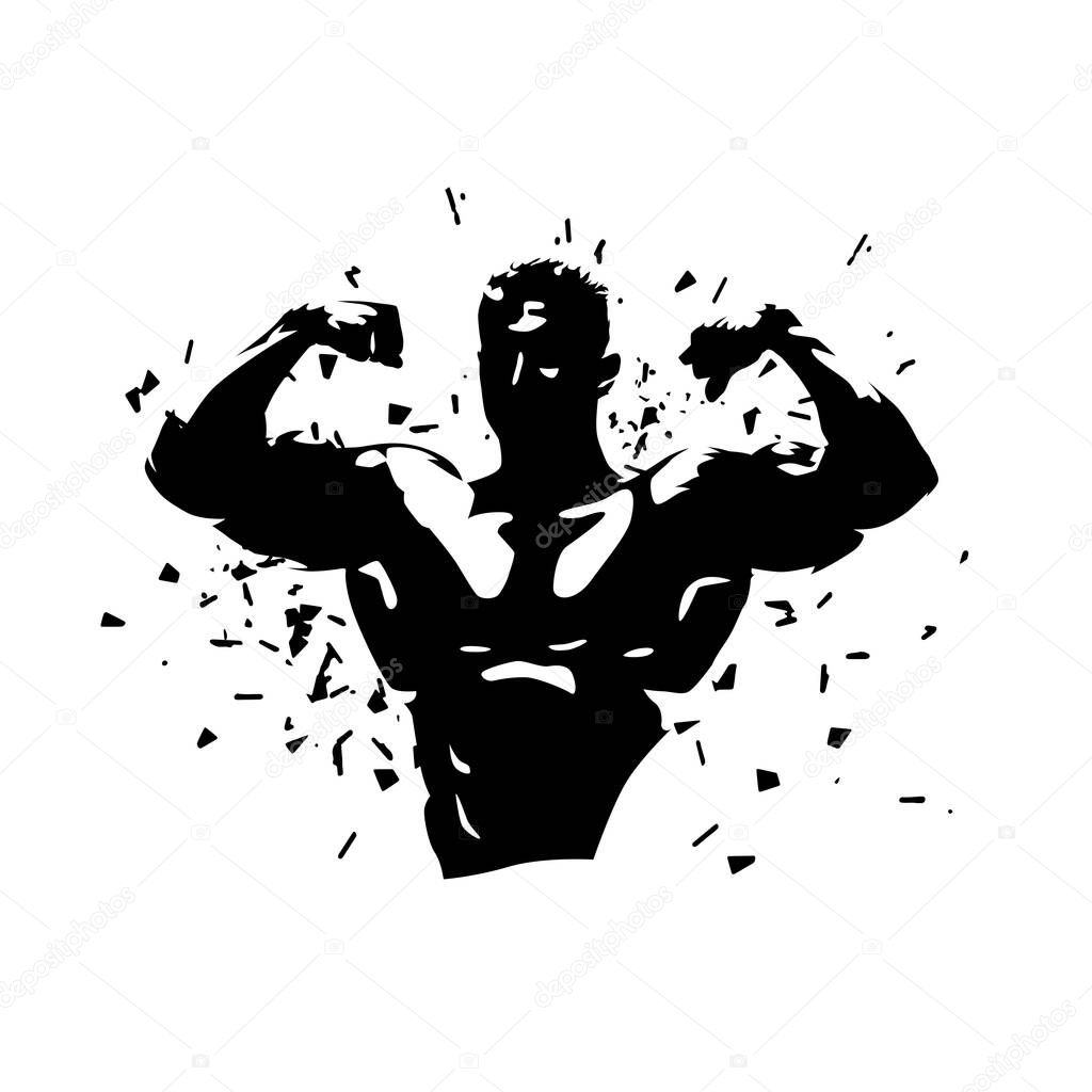 Bodybuilder logo gym, abstract isolated vector silhouette. Man with big muscles posing