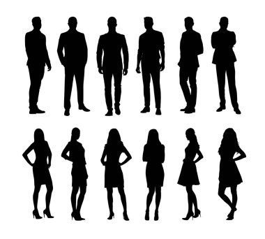 İş adamları, bir grup siluet. Şirket profesyonelleri, iş adamları ve kadınlar. Ofis ekibi.