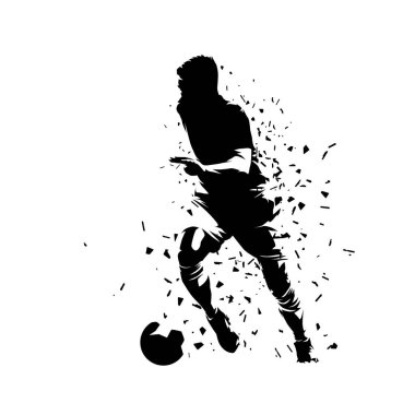 Futbolcu, topla koşan futbolcu soyut izole vektör silueti. Futbol mürekkebi çizimi, siyahlar benekli çizim.