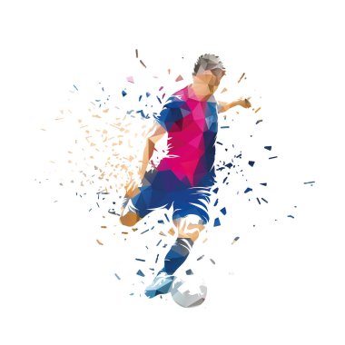 Futbol, topla koşan futbolcu, izole edilmiş düşük vektör illüstrasyonu, kenar görünümü