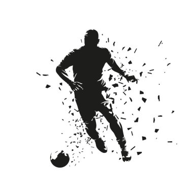 Top oynayan futbolcu, izole edilmiş vektör silueti, ön görüş. Futbolcu mürekkep çizimi, forvet