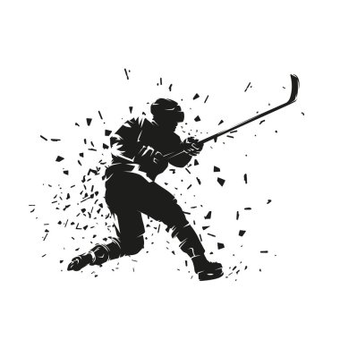 Hokey oyuncusu puck atıyor, izole vektör silueti, mürekkep çizimi. Yan görüş. Buz hokeyi kış takımı sporu