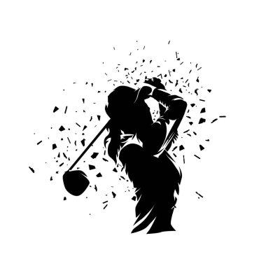 Golf, kadın golfçü logosu, izole vektör silueti, mürekkep çizimi. Golf vuruşu. Genç aktif kadın