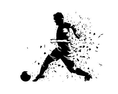 Futbolcu topla, mürekkep vektörü çizimiyle koşuyor. Avrupalı bir futbolcu. İzole edilmiş siluet, yan görünüm
